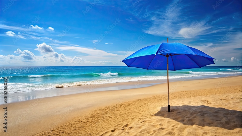 Fototapeta premium Blue umbrella on sandy beach with ocean in background, blue, umbrella, beach, sand, ocean, water, relaxation, tranquil