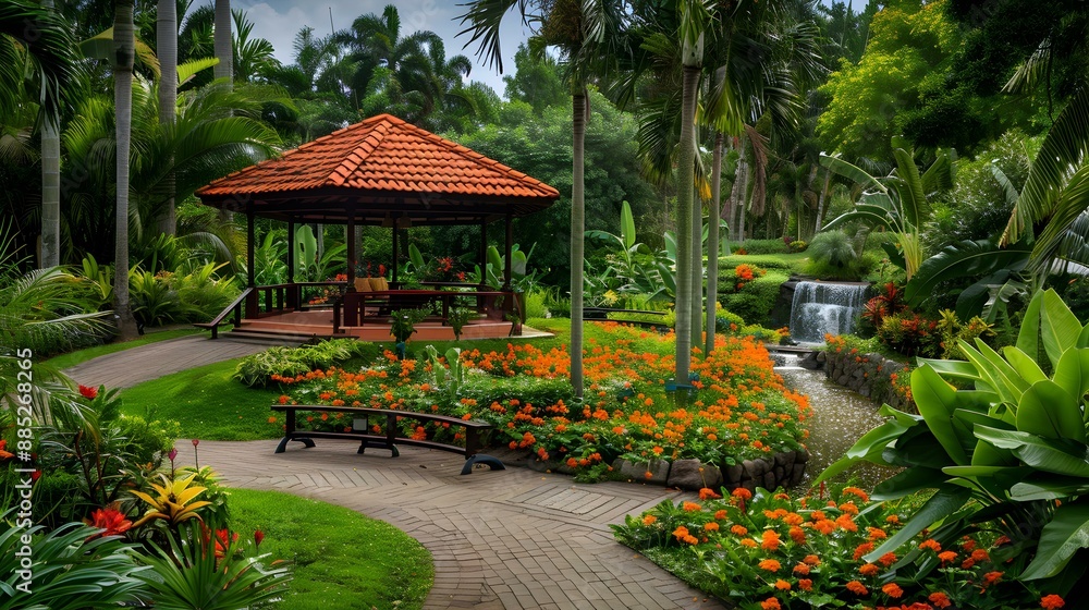 Obraz premium Tropical garden with exotic flowers and plants well-groomed img