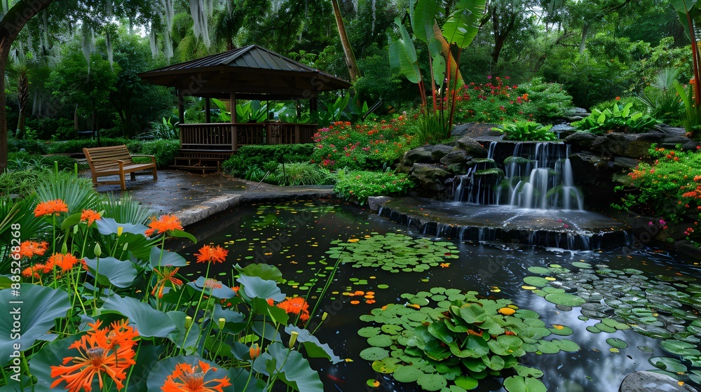 Fototapeta premium Tropical garden with exotic flowers and plants well-groomed picture