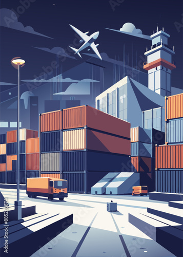 Transport container for cargo transportation background, shipping container yard, industrial port storage freight global.