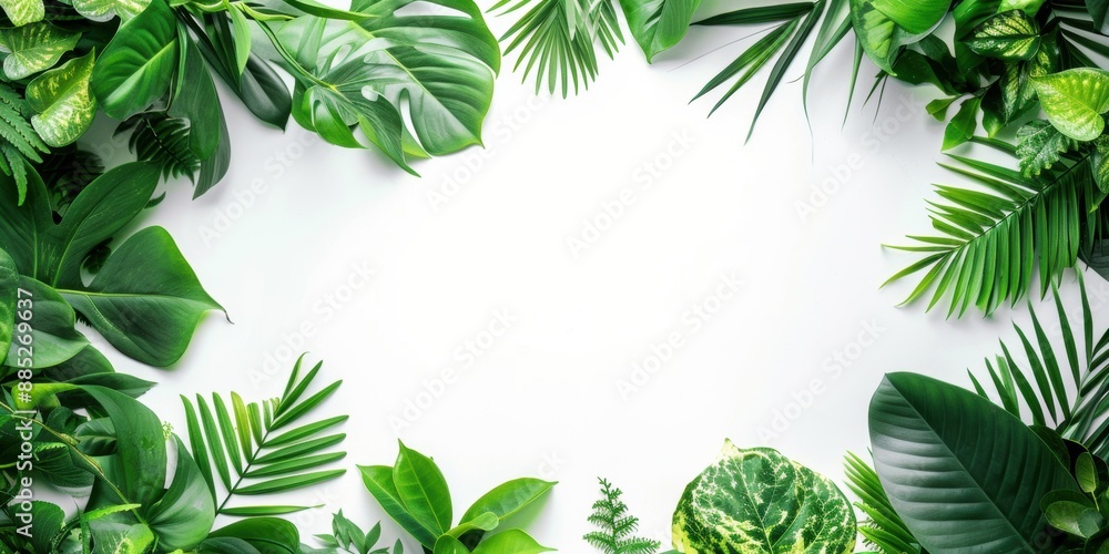 Fototapeta premium Tropical green leaf frame with white space in the middle