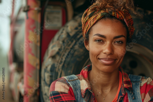 Truck driver African American woman, driving a lorry, dedicated to the road transportation sector