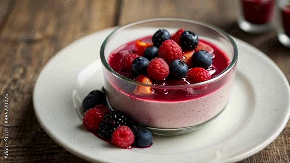 Raspberry Panna Cotta with Berries and Sauce in a Glass Bowl Raspberry Panna Cotta with Berries and Sauce in a Glass Bowl