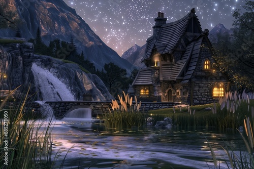 A serene dusk scene in a mountain meadow, where a gentle waterfall flows into a crystal-clear pond. A charming, uniquely designed house with a thatched roof and stone walls sits among tall grasses.