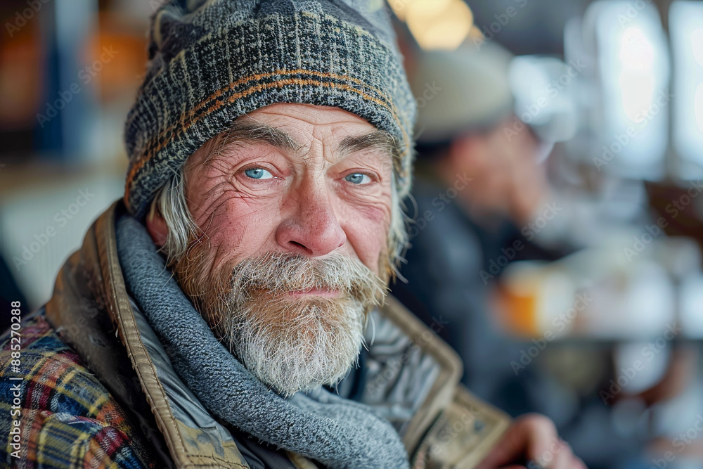 Homeless man in a shelter, sharing a meal, support for the hungry Homeless man in a shelter, sharing a meal, support for the hungry