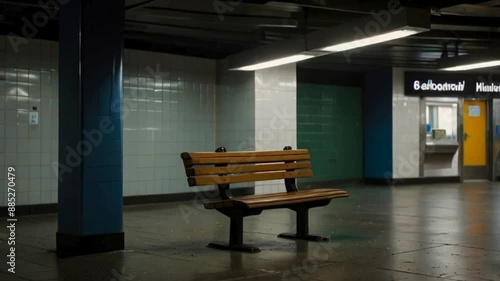 Wallpaper Mural Empty Wooden Bench in Subway Station with Tile Walls Torontodigital.ca