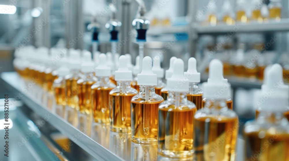 High-end beauty products being tested for quality in a dedicated area of an elegant cosmetics manufacturing plant High-end beauty products being tested for quality in a dedicated area of an elegant cosmetics manufacturing plant