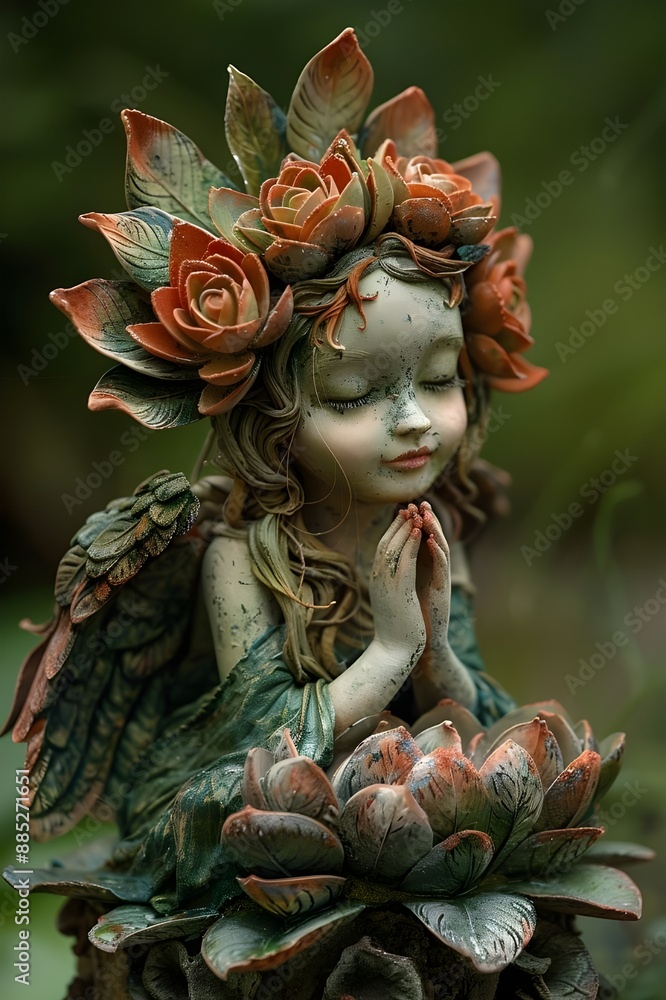An artwork of a young angel statue with colorful flowers on its head and wings on its back, with its hands folded and its eyes closed in prayer. An artwork of a young angel statue with colorful flowers on its head and wings on its back, with its hands folded and its eyes closed in prayer.