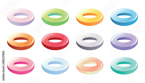 Set of vector isolated cartoon multi-colored inflatable circles for swimming.