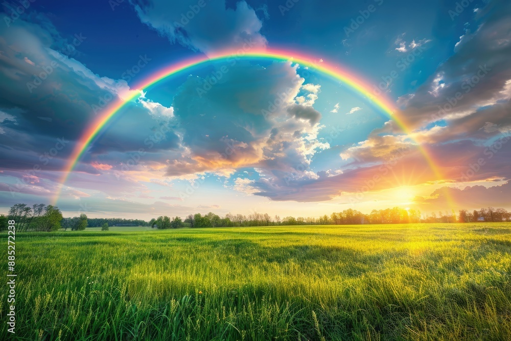 Rainbow Over a Lush Green Field at Sunset Rainbow Over a Lush Green Field at Sunset