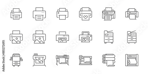 Printer line icon set. Large format printing, plotter, scanner, cutting machine minimal vector illustrations. Simple outline signs for printshop. Editable Stroke