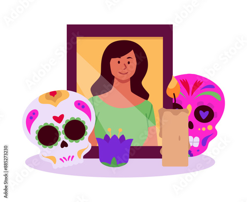 Painted sugar skulls with portrait of a dead woman, burning candles and flower vector, Mexican Dia de los muertos day