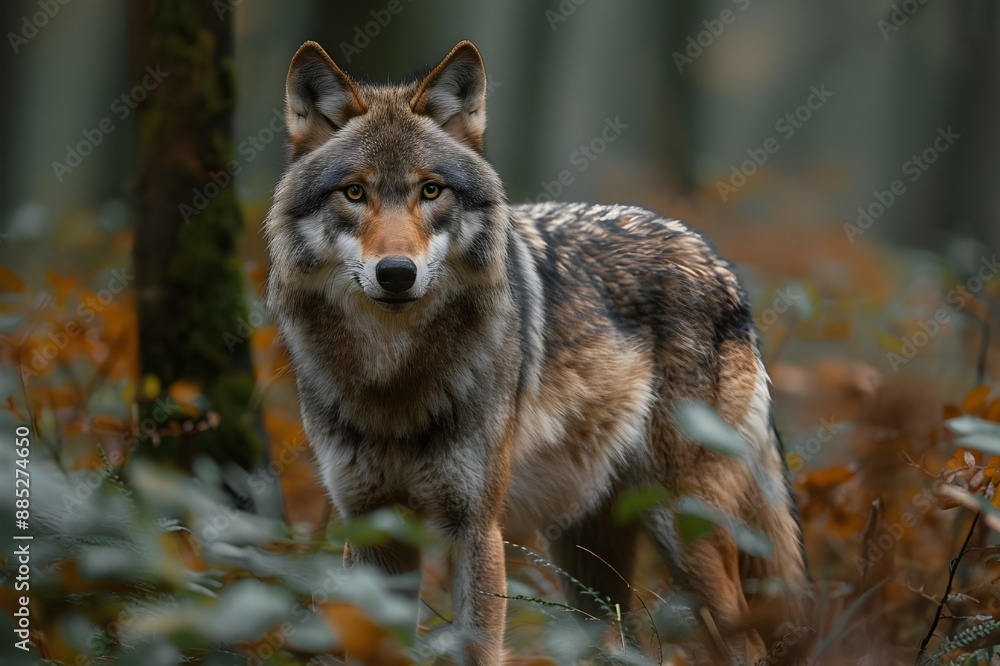 Lonely wild wolf watching warily in the winter forest Lonely wild wolf watching warily in the winter forest