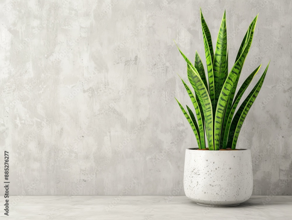 Snake plant in a white pot against a textured wall in a minimalistic workspace, featuring vibrant green leaves and simple decor Snake plant in a white pot against a textured wall in a minimalistic workspace, featuring vibrant green leaves and simple decor