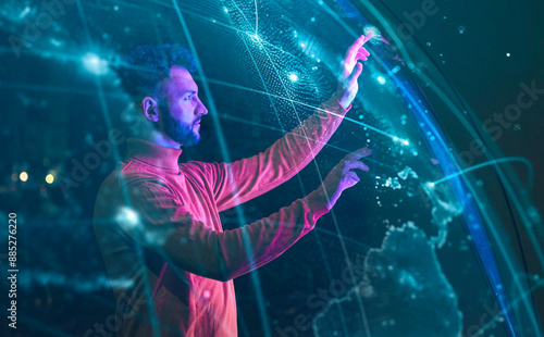 Confident businessman operating global data in metaverse