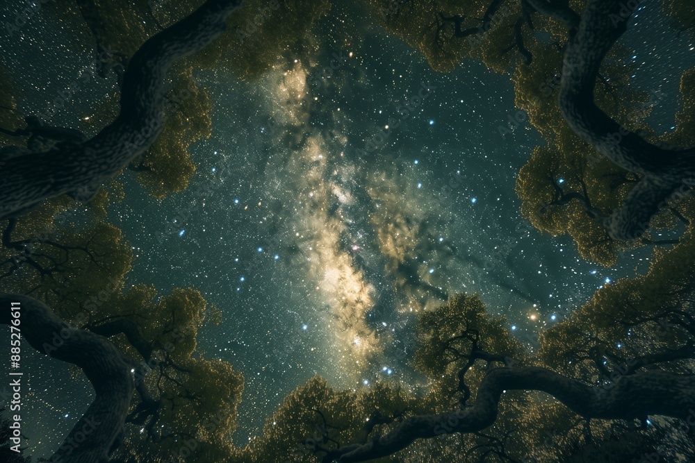 The Milky Way stretches across the sky like a celestial river, its stars sparkling vividly above a dense forest of ancient oaks. The canopy of leaves forms a natural frame. The Milky Way stretches across the sky like a celestial river, its stars sparkling vividly above a dense forest of ancient oaks. The canopy of leaves forms a natural frame.