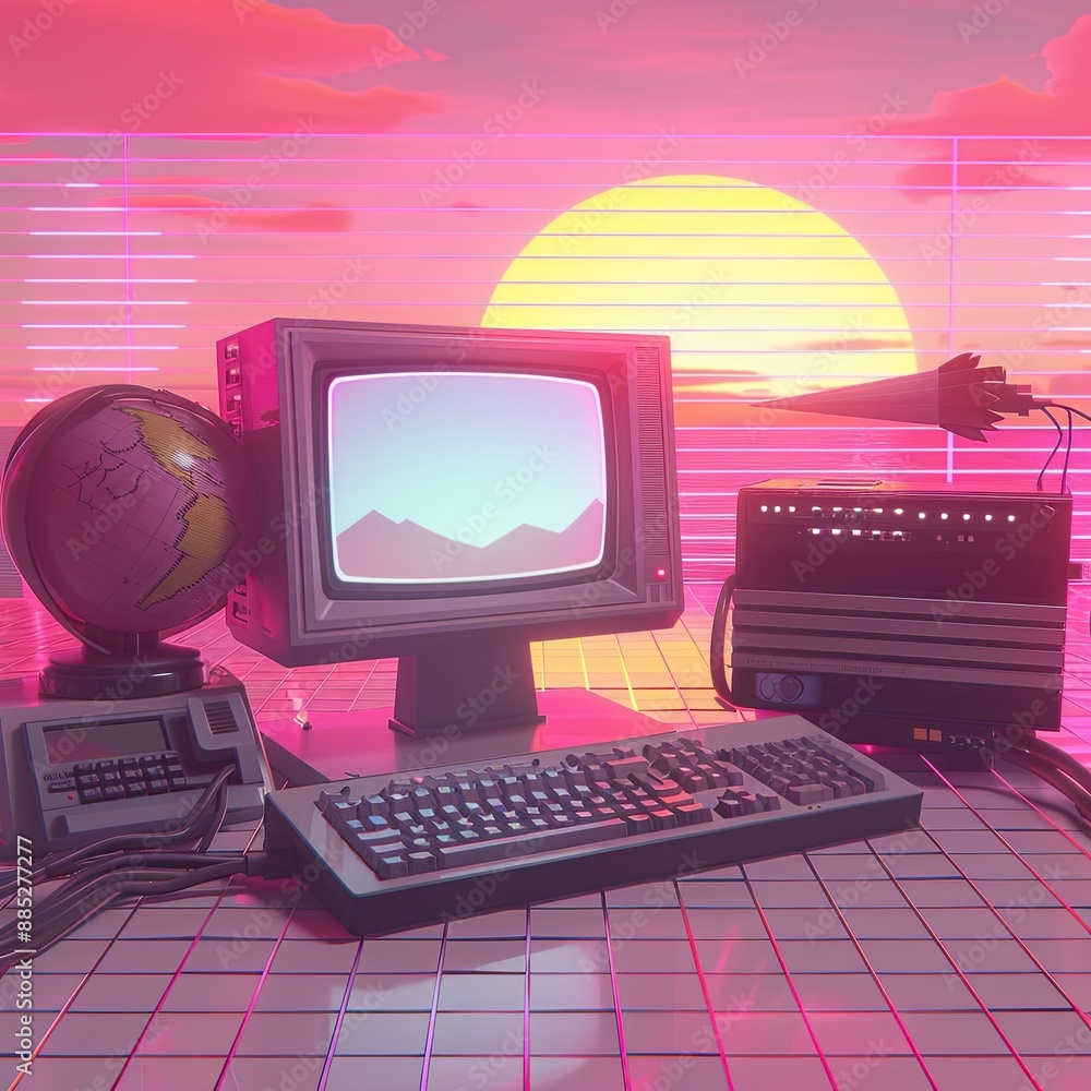 A vaporwave aesthetic of a retro computer setup with neon screens, a ...