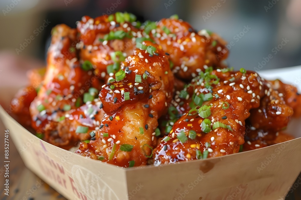This is a photo of delicious Korean seasoned chicken made by mixing fried chicken with sweet and chewy seasoning and decorated with thinly sliced vegetables, placed in a paper container for frying. This is a photo of delicious Korean seasoned chicken made by mixing fried chicken with sweet and chewy seasoning and decorated with thinly sliced vegetables, placed in a paper container for frying.