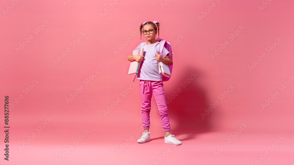 A young schoolgirl stands confidently, ready for school. Wearing a pink outfit and glasses, holding books and a backpack. The pink background adds a vibrant and playful touch, highlighting the readine A young schoolgirl stands confidently, ready for school. Wearing a pink outfit and glasses, holding books and a backpack. The pink background adds a vibrant and playful touch, highlighting the readine