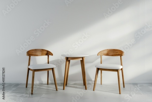 Wallpaper Mural Table Chairs. Modern Interior Design with White Wall, Wooden Chairs, and Table. 3D Rendering Torontodigital.ca