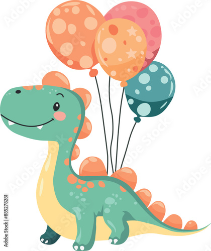 Cute dinosaur with balloons. Happy birthday greetings.  Vector illustration