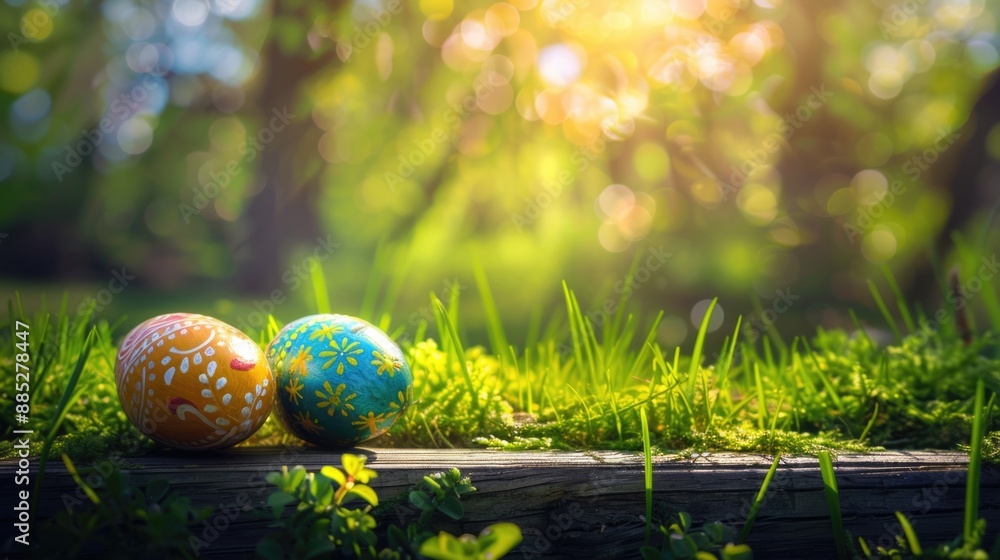 Easter Nature. Three Painted Easter Eggs on a Spring Day with Green Grass Meadow and Bright Sunlight Easter Nature. Three Painted Easter Eggs on a Spring Day with Green Grass Meadow and Bright Sunlight