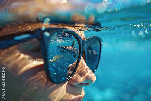 Frau im Meer mit Sonnenbrille mit Spiegelung eines Haies in der Brille, Detailaufnahme einer spannungsvollen Urlaubsszene