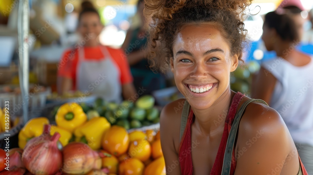 Fototapeta premium A cheerful woman is smiling at a market stand filled with fresh vegetables. Her expression is warm, and the setting radiates a vibrant and healthy community.