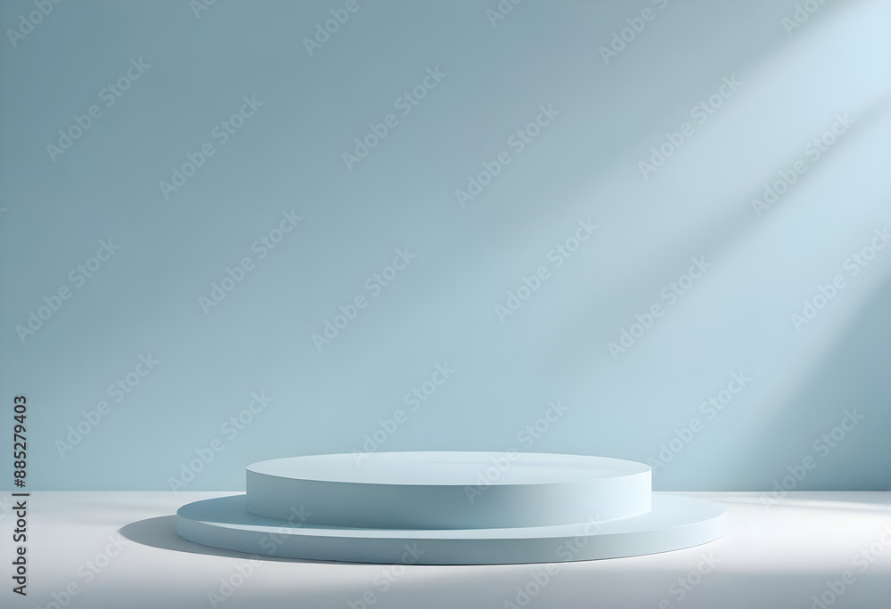 Blank circle-shaped two-step light blue podium for product advertising. On the light blue background with shadow on the right side Blank circle-shaped two-step light blue podium for product advertising. On the light blue background with shadow on the right side