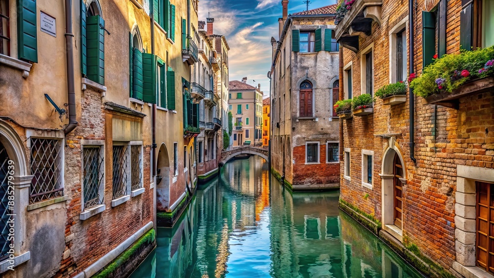 Obraz premium Narrow street with medieval buildings and water channel in Venice, Italy , Venice