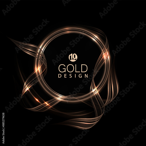 Isolated golden round frame with ribbons and glitter on a black background.