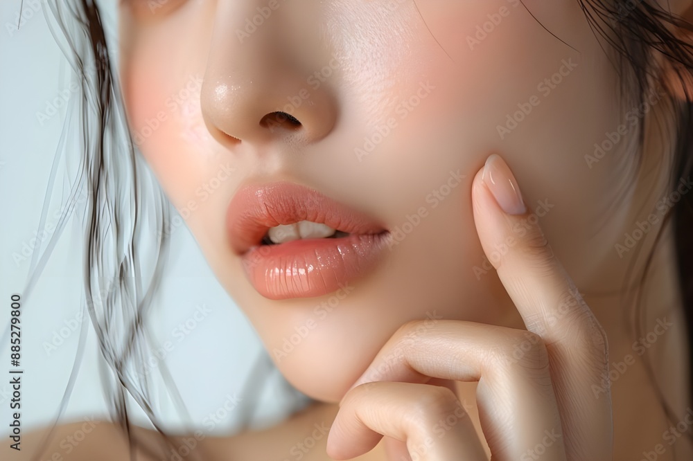 Obraz premium Close-up shot of a beautiful Asian model girl with good skin posing for a beauty advertisement for cosmetics, skin care, etc.