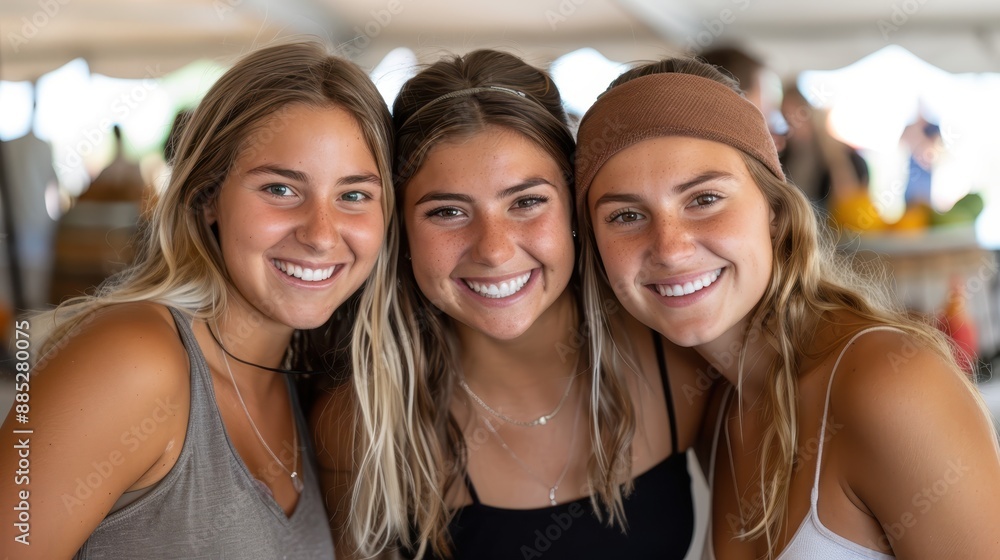 A group of three young women smiles warmly at the camera while at an event. They exude happiness and enjoy the moment, capturing the essence of friendship. A group of three young women smiles warmly at the camera while at an event. They exude happiness and enjoy the moment, capturing the essence of friendship.
