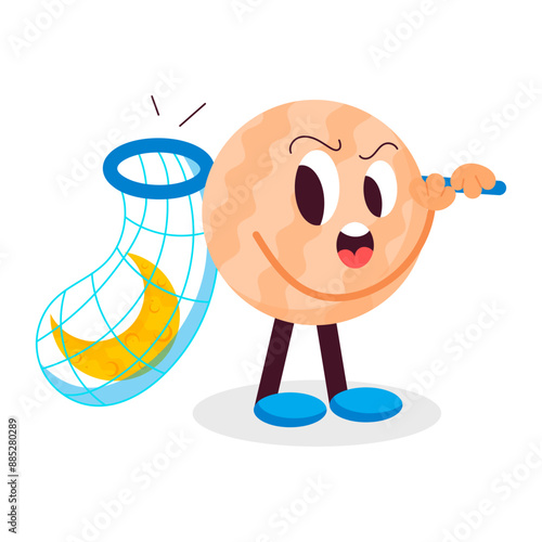 A cute flat style cartoon catching moon with net

