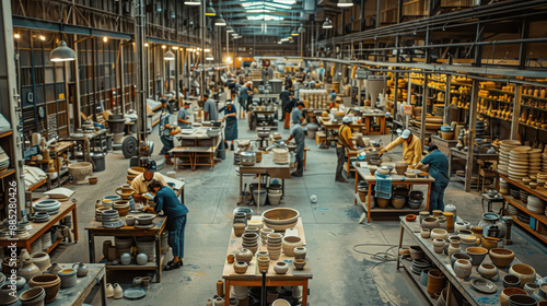 A bustling factory floor with pottery workers crafting, painting, and inspecting ceramic products
