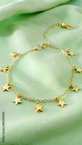 Gold charm bracelet with hanging stars on a green silk cloth photo