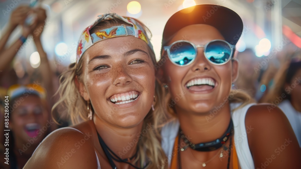 Two young women are seen enjoying a lively music concert, smiling broadly under colorful lights and creating lasting memories of joy and friendship at the event. Two young women are seen enjoying a lively music concert, smiling broadly under colorful lights and creating lasting memories of joy and friendship at the event.