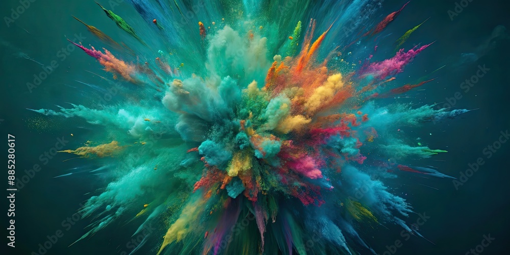 Fototapeta premium Explosion of multicolored paint on dark background, burst of colorful powder, abstract pattern of colored dust explode, spectrum
