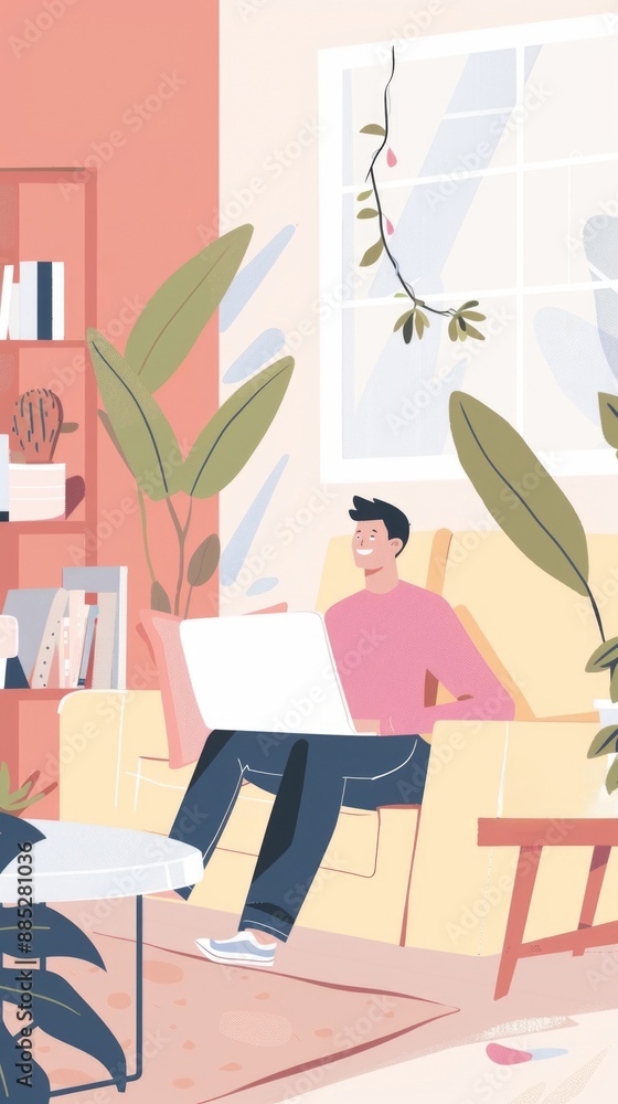 minimalist flat design man working with laptop home office minimalist flat design man working with laptop home office