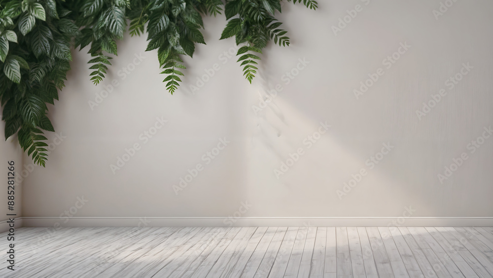 Blank empty white wall and floor studio with natural leaves shadow overlay mockup background for design, product montage display Blank empty white wall and floor studio with natural leaves shadow overlay mockup background for design, product montage display