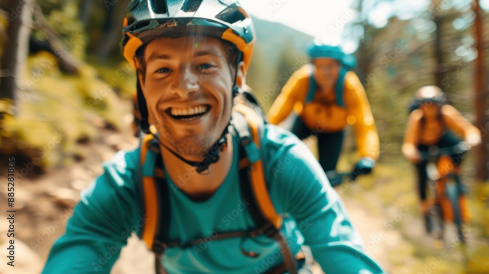 Enthusiastic mountain bikers wearing helmets, riding through a vibrant forest trail, demonstrating the thrill and enjoyment of outdoor adventure and fitness. Enthusiastic mountain bikers wearing helmets, riding through a vibrant forest trail, demonstrating the thrill and enjoyment of outdoor adventure and fitness.
