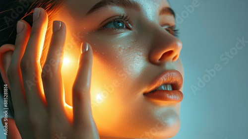 Healthy Life Concept Featuring Vitamin B2 Hologram: Enhancing Skin Health, Smooth Complexion, and Radiant Skin photo