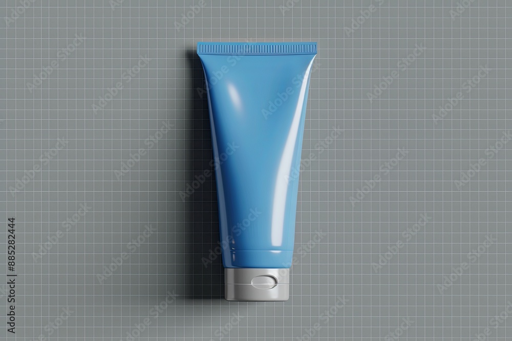 A single blue cream tube mockup, isolated on a grey grid background. Generative AI A single blue cream tube mockup, isolated on a grey grid background. Generative AI