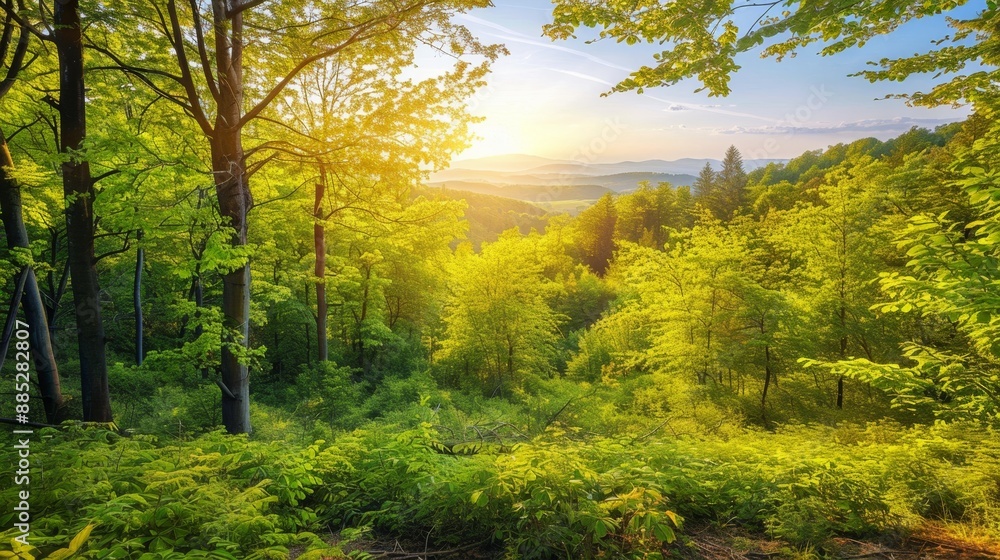Enchanting Sunrise Over Lush Green Forest Landscape Enchanting Sunrise Over Lush Green Forest Landscape