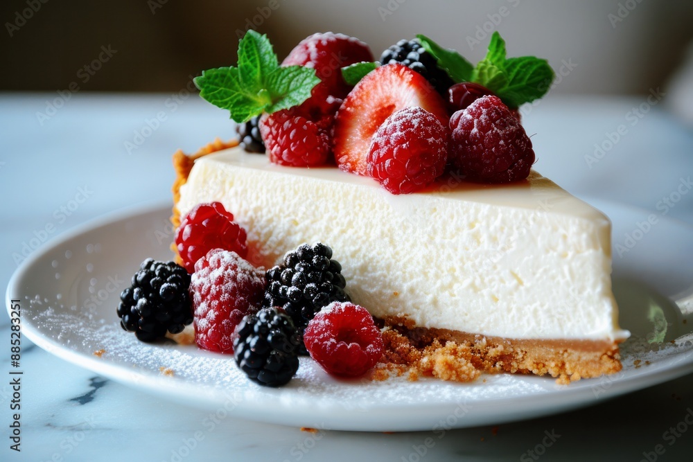 cheesecake with fresh berries and mint leaves on a white plate perfect dessert cheesecake with fresh berries and mint leaves on a white plate perfect dessert