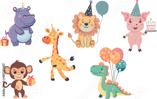 Childrens cute animal set. Birthday greetings, animals with party cakes and hats. Vector illustration