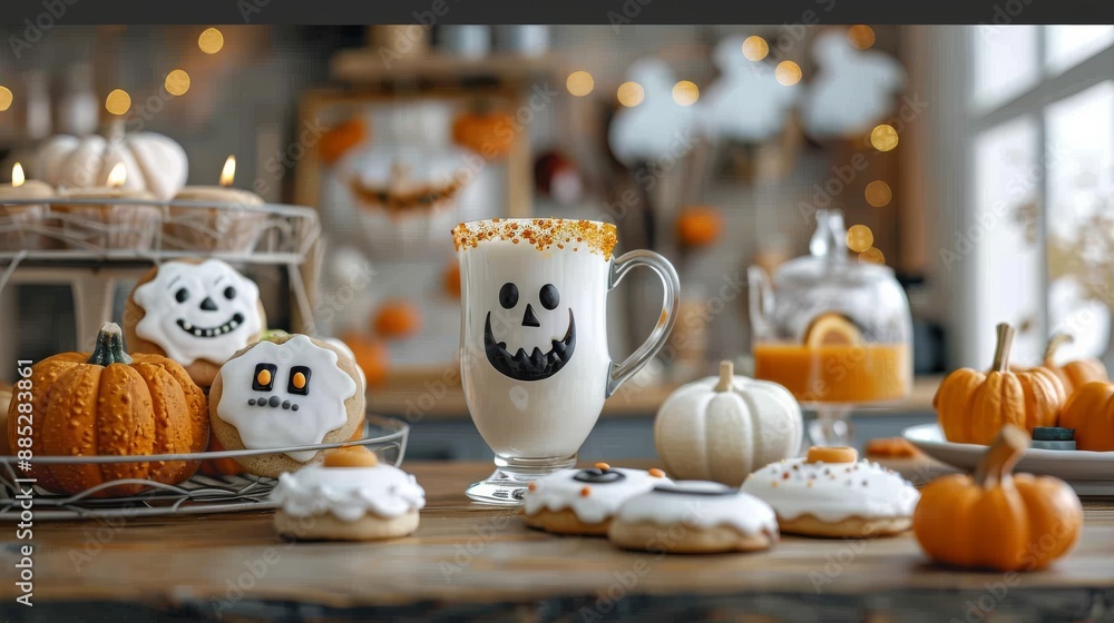Festive Halloween Treats and Drinks on Rustic Table Festive Halloween Treats and Drinks on Rustic Table
