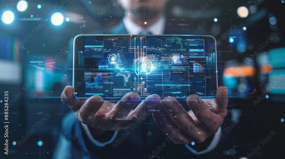 Man Holding a Hologram of Data Man Holding a Hologram of Data