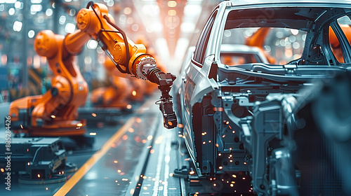 Robotic arms assembling car body in automotive industry