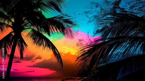 Vivid Tropical Sunset with Silhouetted Palm Trees